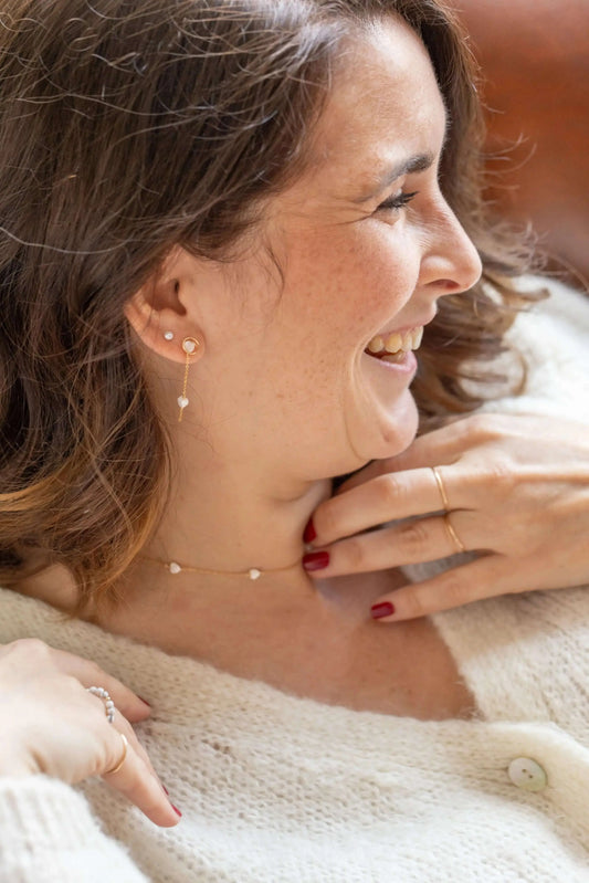 Boucles d'oreilles coeurs nacre portées